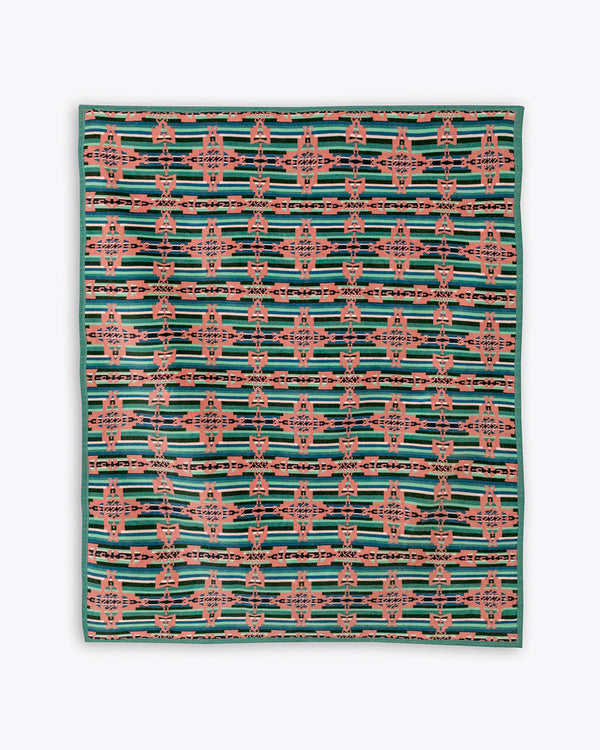 Stripes of shades of green with pink mother and child cross like pattern