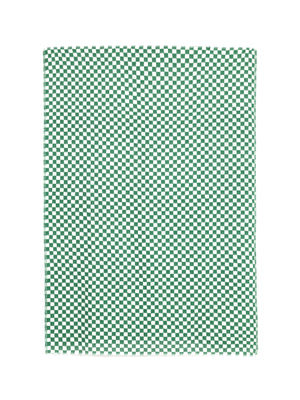 flay lay of green and white checkers on a cotton blanket